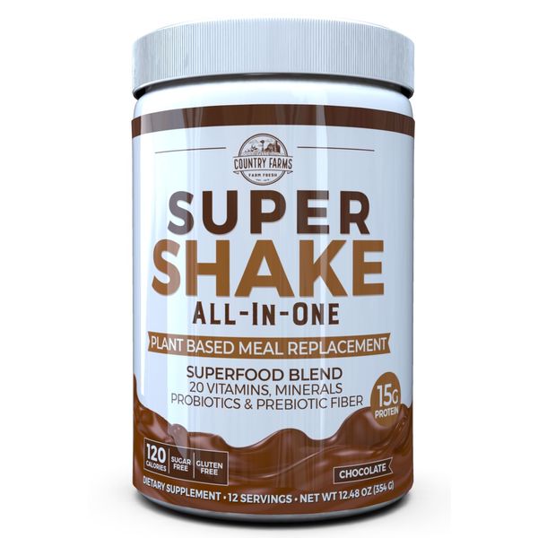 Country Farms All-in-One Super Shake Meal Replacement 15g Plant Protein Dietary Supplement with Superfoods, Vitamins, Probiotics and Prebiotics, 12 Servings, Chocolate, 12.48 Oz