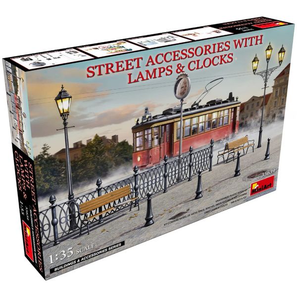 Miniart MIN35639 1:35-Street Accessories w/Lamps & Clocks Scale Model kit, Molded Color