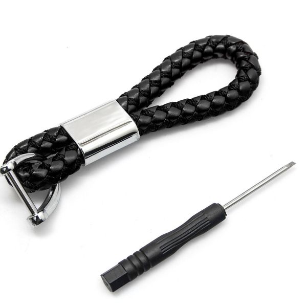 Black Leather Braided Strap Keychain Accessories w/Metal Key Ring for Most Keys