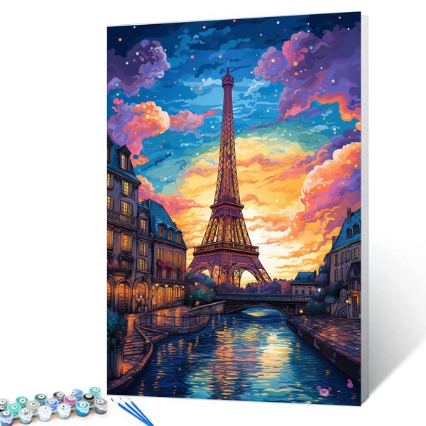 France Eiffel Tower Oil Paint by Number Kits for Kids and Adults Beginner Paris Cityscape Acrylic Digital Pitures The Seine River Paintwork Bedroom Decor Nordcis Romantic Gift (16''W x 20''H)