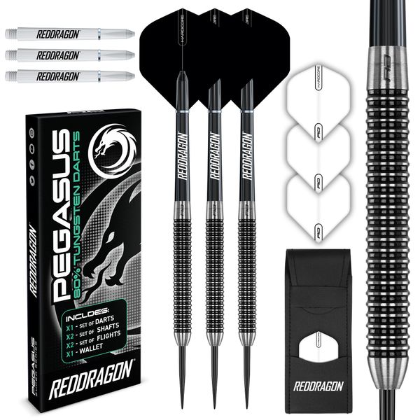 RED DRAGON Pegasus Tungsten Steel Darts Set - 26 Gram - Black Shafts, Black Extra Thick Flights and Case