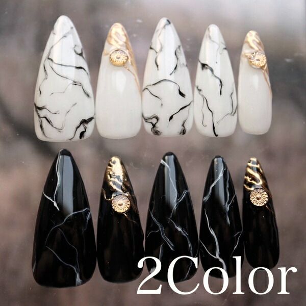 Gel nails, false nails, fake nails, tips, long, very short, short, black and white marble