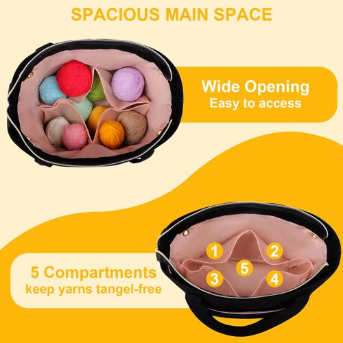 Veirdro Crochet Bag Organizer for Yarn Storage, Velvet Knitting Tote Bag with Double Handle for Crochet Accessories, Portable Travel Case for Yarn Balls, Crochet Hooks& Knitting Needles Holder (Black)