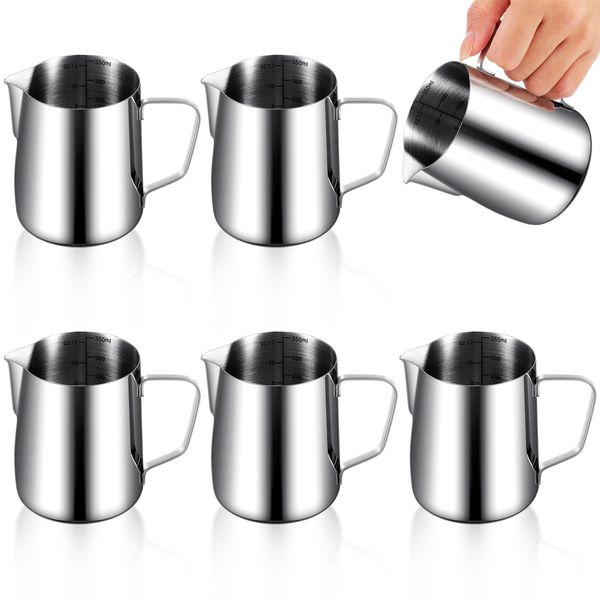 Dandat 4 Pcs Milk Frothing Pitcher Espresso Steaming Pitchers 12 Oz Stainless Steel Milk Frother Cup Milk Frother Steamer Cup Frother Jug for Espresso, Latte Art, Chai Cappuccino Hot Chocolate