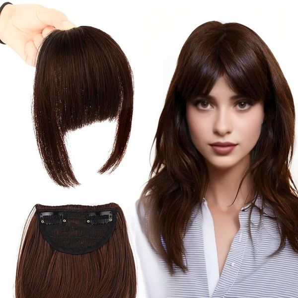 Clip in Bangs Clip in Pony Haarteil Pony Haare Clip in Extensions Haarverlängerungen Synthetische Front Fringe Pony Haarteile One Piece Human Hair Clip Pony Echthaar Fringe Bangs(Dunkelbraun)