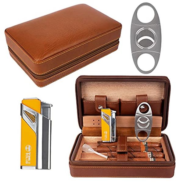 Time C Club 4-Finger Portable Travel Leather Cigar Case, Cigar Cutter,Cigar Humidor with Cigar Lighter and Humidifier, Groomsmen Gift, Birthday Gift