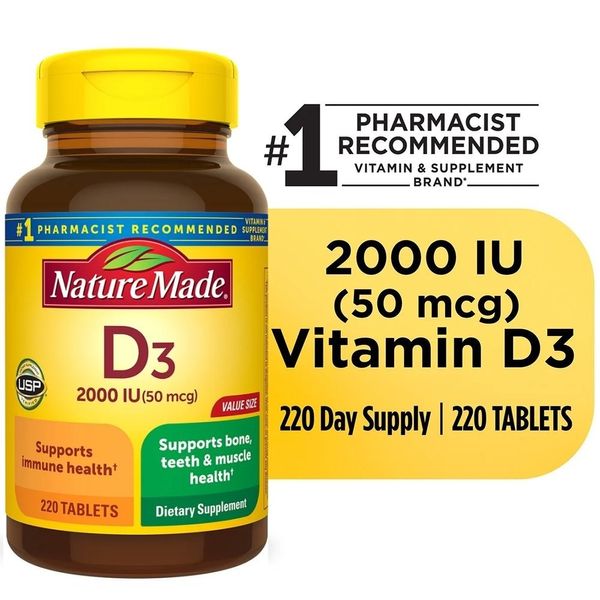 Nature Made Vitamin D3 2,000 iU (50 mcg) Value Size 220 Tablets Bone 01/26