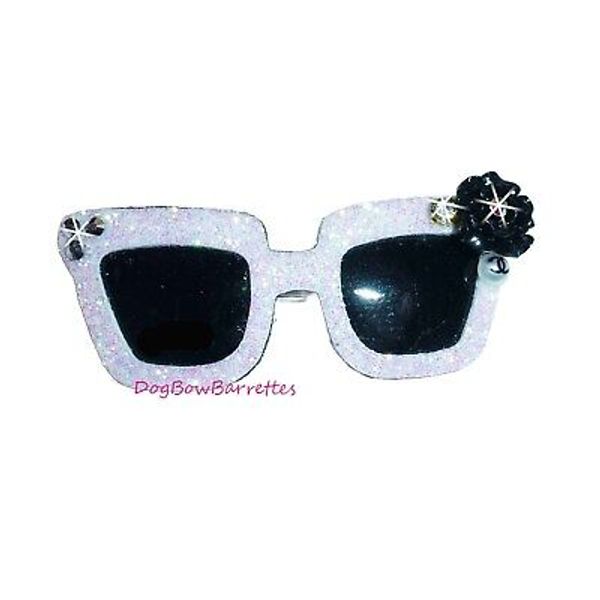 Puppy bows specialty boutique white glitter rhinestone sunglasses pet bow hair