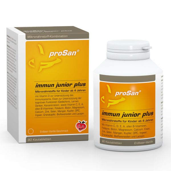 proSan immun junior plus (90 leckere Kautabletten) | Vitamine für Kinder ab 4 J | mit Erdbeer-Vanille-Geschmack | Immunsystem unterstützen mit Vitamin D + viele weitere Vitamine, Mineralien, OPC