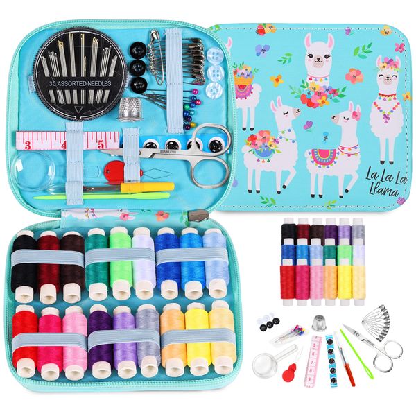 Sewing Kits for Adults UK, AUERVO Portable Sewing Kits Thread and Needles Set with PU Leather Llama Case for Hand, Home, Travel & Emergency Compact Small Basic Sewing Kits