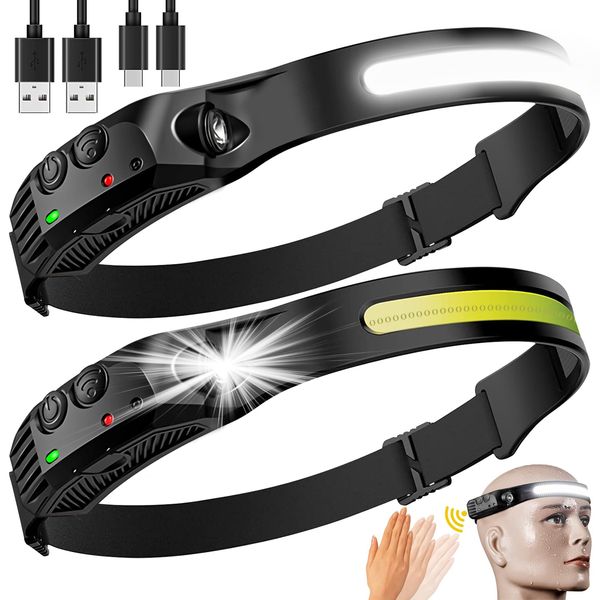 Rechargeable LED Headlamp 2 Packs,COB230° Wide Beam Headlamps, 5 Modes of Lightweight Headlamps with Motion Sensors, Type-C USB Charging Headlamps,Suitable for Night Running,Fishing, Cycling, Camping