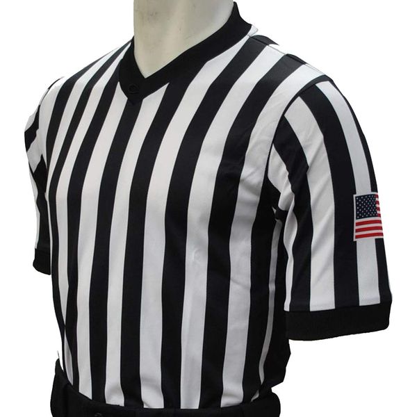 Smitty Men's V-Neck Basketball Referee Shirt with Black Side Panel & USA Flag (Large)