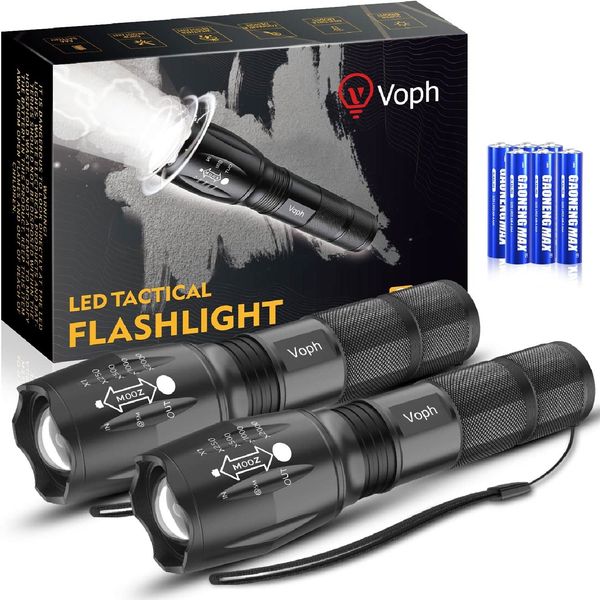 Voph Flashlight 2 Pack, 5 Modes 2000 Lumen Tactical LED Flash Light, High Lumens Bright Waterproof Flashlights, Focus Zoomable Flash Lights for Camping, Gifts for Birthday for Men Women Adult