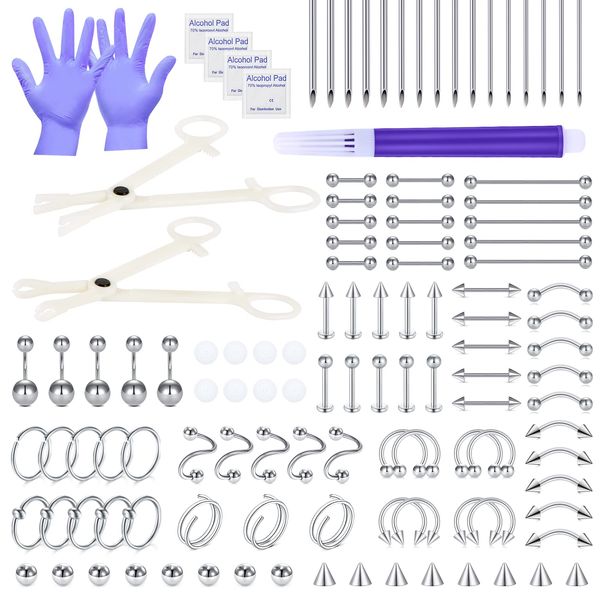 JIESIBAO 100PCS Professional Body Piercing Kit,14G 16G Piercing Jewelry Kit with Piercing Needls Clamps Stainless Steel for Belly Tragus Nose Septum Helix Nipple Piercing Tool Kit