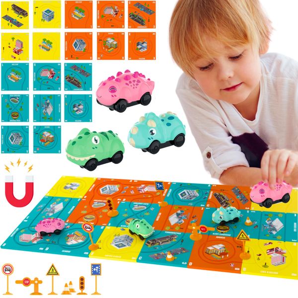 Puzzle Racer Kids Car Track Set - (28 Piece) Magnet Toddler Race Tracks for Kids 3-5, w/ 3 Dinosaur Cars, and Accessories, Montessori Building Toy, Rail Car Puzzle Gifts for 3 4 5 6 Year Old Boys