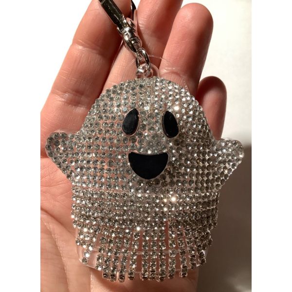 Bath & Body Works Bling Rhinestone Ghost Pocket *Bac Holder Silver Keychain NWT