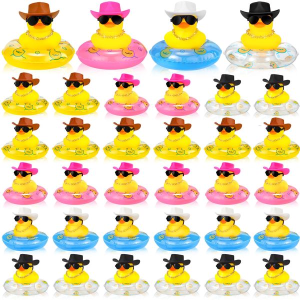 12 Set Cowboy Rubber Duck Mini Car Duckies Bath Toys Party Favor with Mini Hat Swim Circle Necklace Sunglasses Duck Car Dashboard Decorations for Bathtub Shower Swimming Supplies, Novel Style