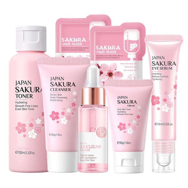 Skin Care Set Sakura Women Beauty Gift Sets Korean Skin Care Kit with Cleanser, Face Serum, Face Cream,Toner,Eye Cream,2Pcs Mud Mask - Skin Care Routine Kit for Women (SetC)