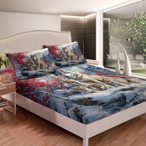 Wolf Family Fitted Sheet Twin Size,Animal Wolves Printed Bedding Set,Winter Natural Wildlife Bed Sheet 2 Pieces (No Flat Sheet),Watercolor Natural Landscape Deep Pocket Sheet,1 Pillowcase