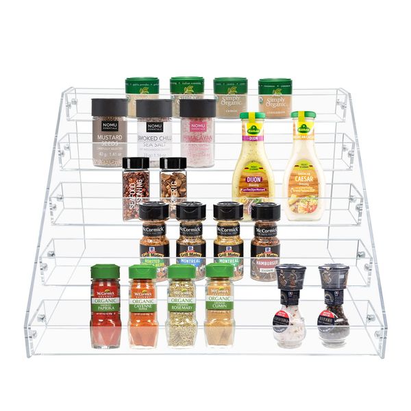 PMMASTO Tiered Spice Rack, Seasoning Organizer, Clear Acrylic Vertical Shelves Can Organizer for Countertop, Cabinet, Pantry, Kitchen Organization & Storage - 5 Tier