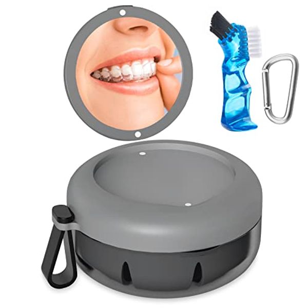 Denture Bath Case, Denture Cup, Leak Proof Portable Retainer Case, Denture Cleaning Kit with Cleaner Brush, Denture Box with Strainer & Mirror, Denture Case for Aligner Retainer Mouth Guard