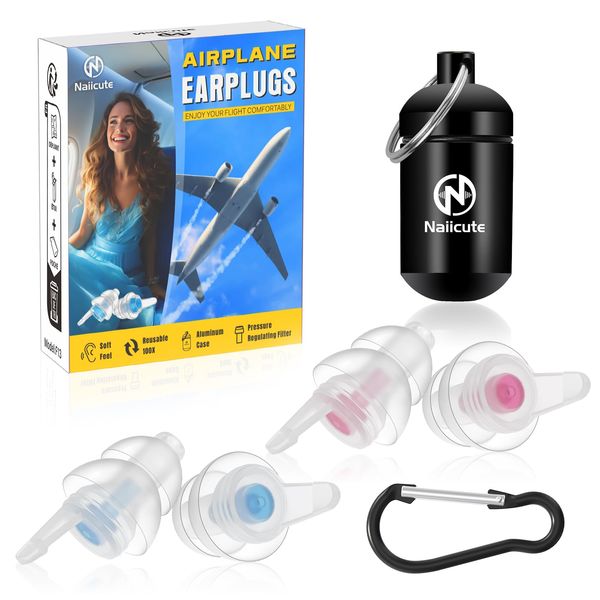 Naiicute Ear Plugs for Flying[2 Pairs], Air Pressure Regulating Earplugs Prevent Ear Pain&Reduce Noise,100x Reusable Soft Plane Plugs for Adults Child 12 YRS+, Airplane Travel Essentials