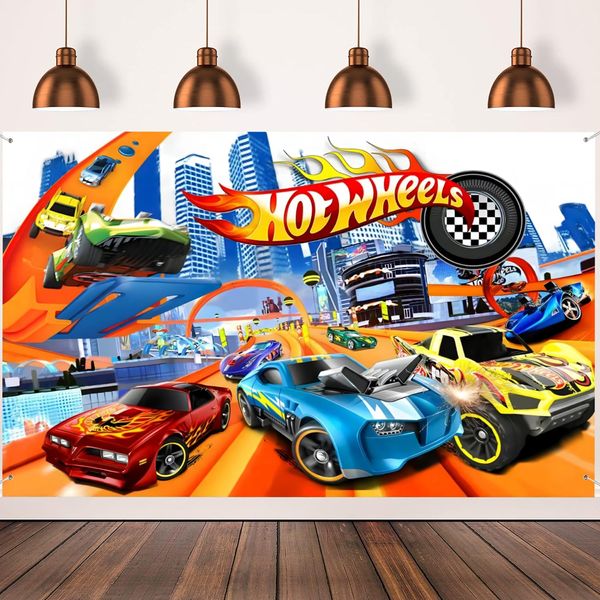 BAJCOHNG Hot Cars Birthday Banner Backdrop for Wheels Birthday PartyBackdrop,Race car Birthday Party Supplies，Race car Birthday Party Supplies,Birthday Party Background Banner (7x5ft)