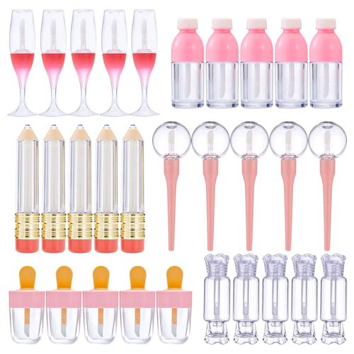 Vankcp 30 Pcs Cute Empty Lip Gloss Tubes, 6 Styles Lip Glaze Tubes Novelty Red Wine Glass Lip Oil Bottles Empty Lip,Refillable Lip Balm Containers for Women Girls DIY(5/8/10ML)