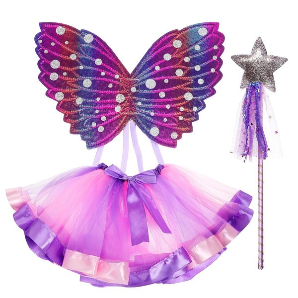 JOINPAYA Fairy Costume Set: Fairy Dress up Butterfly Wings Tutu Skirt Wand Outfit Princess Dress Up for Halloween Cosplay Accessories