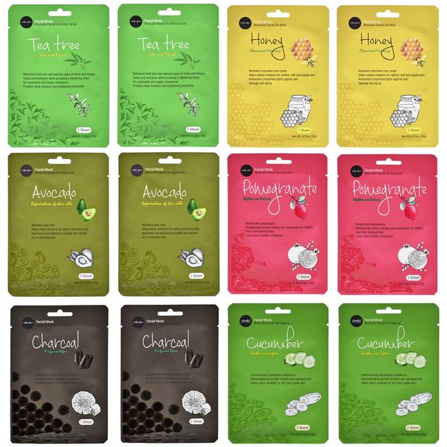 celavi Essence Facial Face Mask Paper Sheet Korea Skin Care Moisturizing 12 Pack (Mix - 2 of Each)