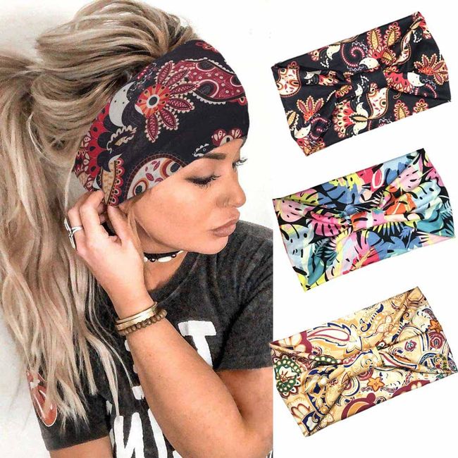 Fashband Boho breite Stirnbänder elastische Yoga-Haarbänder schwarze Blume Kopftuch Knoten Turban Kopfwickel für Frauen und Mädchen (3 Stück)