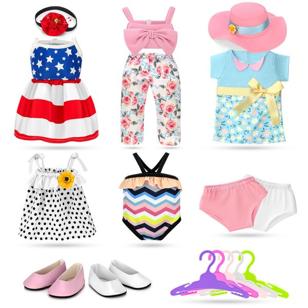 Zecckige 18 inch Doll Clothes and Accessories for American 18 Inch Dolls Girl Clothing Gift, 17Pcs Complete Set Clothing with Outfits, Dress, Shoes, Swimsuit, Underwear, Hat, Headband, Clothes Hangers