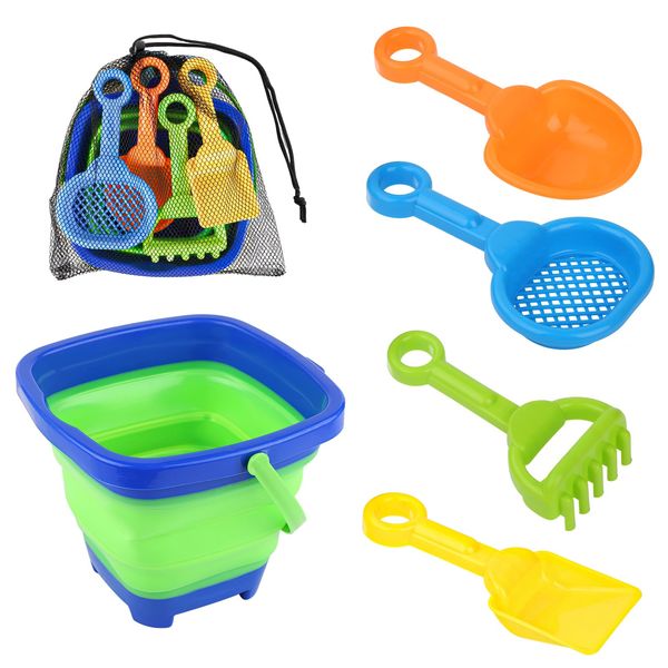 6pcs Beach Toys Set, Collapsible Toddler Bucket with 4 Shovels Sand Toys & Mesh Bag Foldable Portable Travel Beach Bucket Sand Toys for Kids Boys Girls Fun Summer Beach Tots Party Activities (Blue)