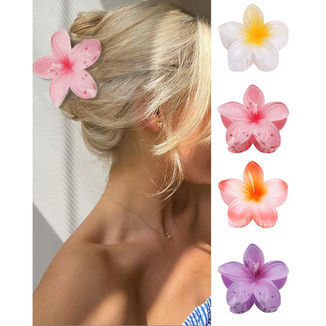 IOSPKKIO® 4 Stück Blumen-Haarklammern, große Krallenklammern für Dickes Haar, starker Halt, rutschfeste Haarklammern für Frauen, hawaiianische Blumen-Klauenklammern