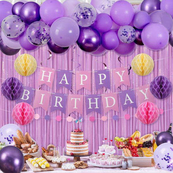 Purple Happy Birthday Party Decorations for Women Girls, Pre-Strung Happy Birthday Banner, Purple Balloons, Fringe Curtain, Tissue Paper Pom Poms, Circle Dot Garland, Hanging Swirls for Birthday Party