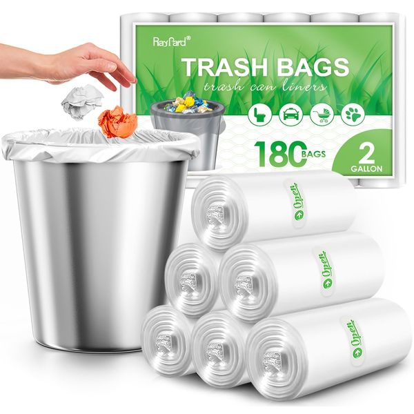 180 Counts 2 Gallon (1.8-2 Gal) Small Trash Bags Garbage Bags by RayPard, fit 1.6,1.8,2,2.2 Gal Waste Basket, 6.5-7 Liter Strong Trash Can Liners for Home Office Kitchen Bathroom Bedroom, Clear