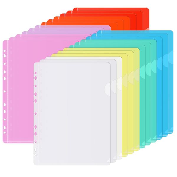 Agoer 24 PCS Aktenhüllen A4 Seitlich Offen, Sichthüllen A4 zum Abheften Bunt mit 11 Lochrand 8 Farben Klarsichthüllen zur Aufbewahrung von Papier für Büro Schule