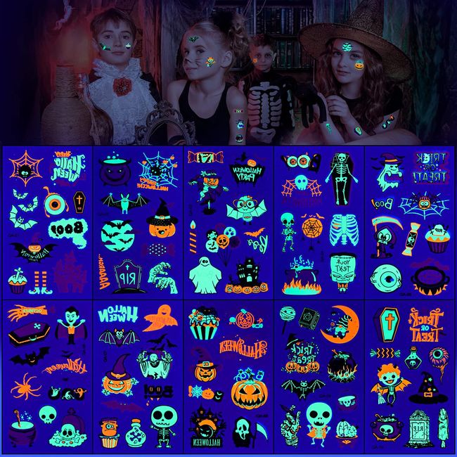 10 Blätter Halloween Neon Temporäre Tattoos für Kinder Leuchtende im Dunkeln Kindertattoos Aufkleber Glitzer Gefälschte Gesicht Sticker Halloween Party Deko Cosplay Party Mitgebsel