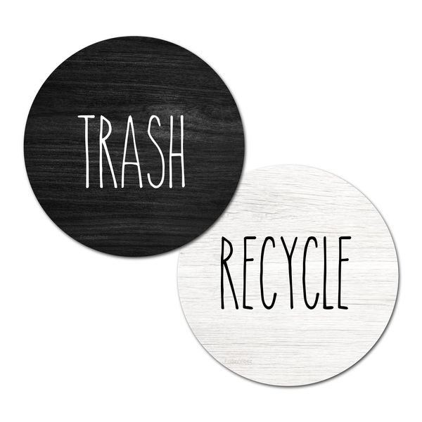 Rustic Recycle and Trash Magnets for Kitchen Trash Cans and Recycling Bins, Trash and Recycle Magnet Combo for Garbage Can Logo Symbol, 2 Magnetic Sticker Adhesives, 3.5" Circle, Outdoor Waste Bin