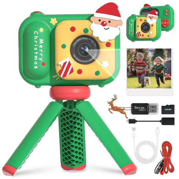 Christmas Camera for Kids, Christmas Birthday Gifts for Girls Boys, 48MP Dual Lens Digital Camera for 3 4 5 6 7 8 9 Years Old Kids, 1080P HD Video Selfie Camera with 32G SD Card and Bracket