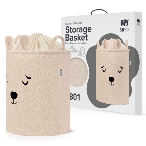 SIPO Multifunctional Toy Organiser XL - Spacious Animal Toy Basket for Kids, Premium Bouclé, with Drawstring Closure, Beige Teddy Bear