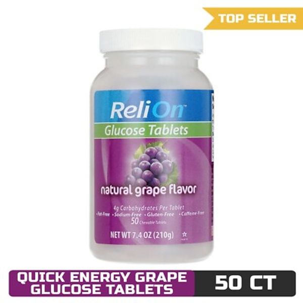 ReliOn Natural Grape Flavor Glucose Tablets, 50 Count