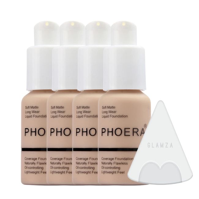 Glamza Phoera Foundation Make-up-Set mit vollständiger Abdeckung, 24 Stunden lang anhaltende Ölkontrolle, weich, glatt, Concealer-Creme, 4 Stück 30 ml Foundation & Silikon-Mixer-Schwamm (102 Nude)