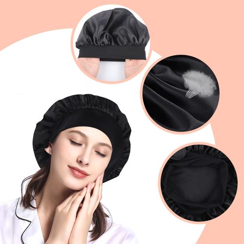 nuoshen 2 Pack Satin Bonnet with Wide Elastic Band, Satin Bonnets Elastic Hat Soft Sleeping Head Cover for Night Sleep Curly Hair Protection Head Cover (Black+Pink)