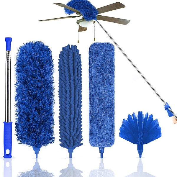 Kelursien Microfiber Feather Duster, 5PCS Washable Cobweb Dusters for Cleaning Kit with 100" Extension Long Pole, Bendable Telescopic Duster for High Ceiling Fan, Blinds, Furniture & Cars