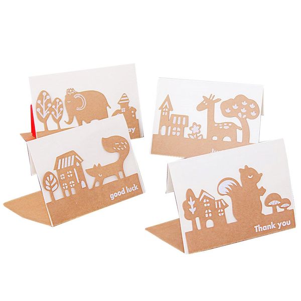 (Moin Moin) Message Cards Birthday Cards Thank You Cards Forest Animal Natural Cut Picture Retro Brown Cards + Envelopes Bundle of 4 (Squirrel/Elephant/Giraffe/Fox)