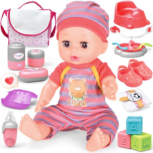 SMILESSKIDDO Baby Doll Care Set, 14'' Realistic Doll with Baby Doll Accessories Playset Includes Baby Doll Diaper Bag, Feeding Set, Toddler Pretend Play Toys for 3+ Years Old Kids Girls