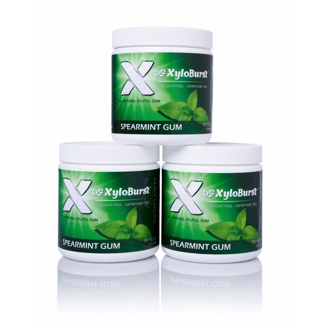 Xyloburst Spearmint All Natural Aspartame Free Xylitol Gum 100 Count Jar 3 Pack