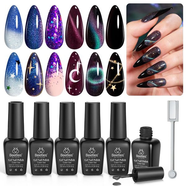 Beetles Milky Way Glitter Gel Nail Polish Set - 6Pcs Black Purple Blue Galaxy Gel Polish Kit Soak Off UV Lamp Cat Eyes Magnet Color Changing Sparkling Phantom Chameleon Gel Gift for Women Girls