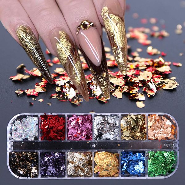 Gold Foil Nail Art Set, Nail Art Decals Stickers Fragments Nail Foil Art Nail Charms, DIY Manicure Nails Design Decal Decoration Gold Silver Leaf Flakes 12 Grids/Set